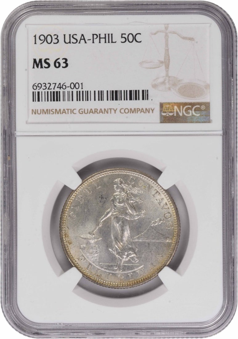 Philippines 1903 Silver 50 Centavos MS63 NGC Certified Coin KM167: Philippines 1903 Silver 50 Centavos MS63 NGC Certified Coin KM167 This is a 1903 Philippines 50 Centavos coin, certified by NGC with a grade of MS63. The coin is uncirculated and composed of silver. I