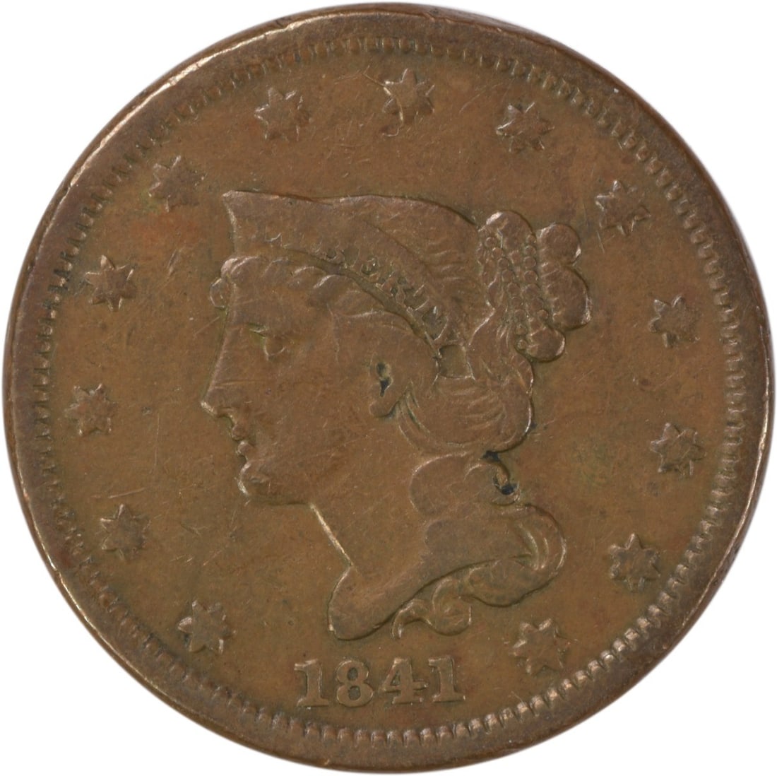 1841 Large Cent Braided Hair Copper Coin VF Uncertified: 1841 Large Cent Braided Hair Copper Coin VF Uncertified This 1841 Large Cent is a remarkable piece of numismatic history, featuring the iconic Braided Hair design by Christian Gobrecht. It is graded a