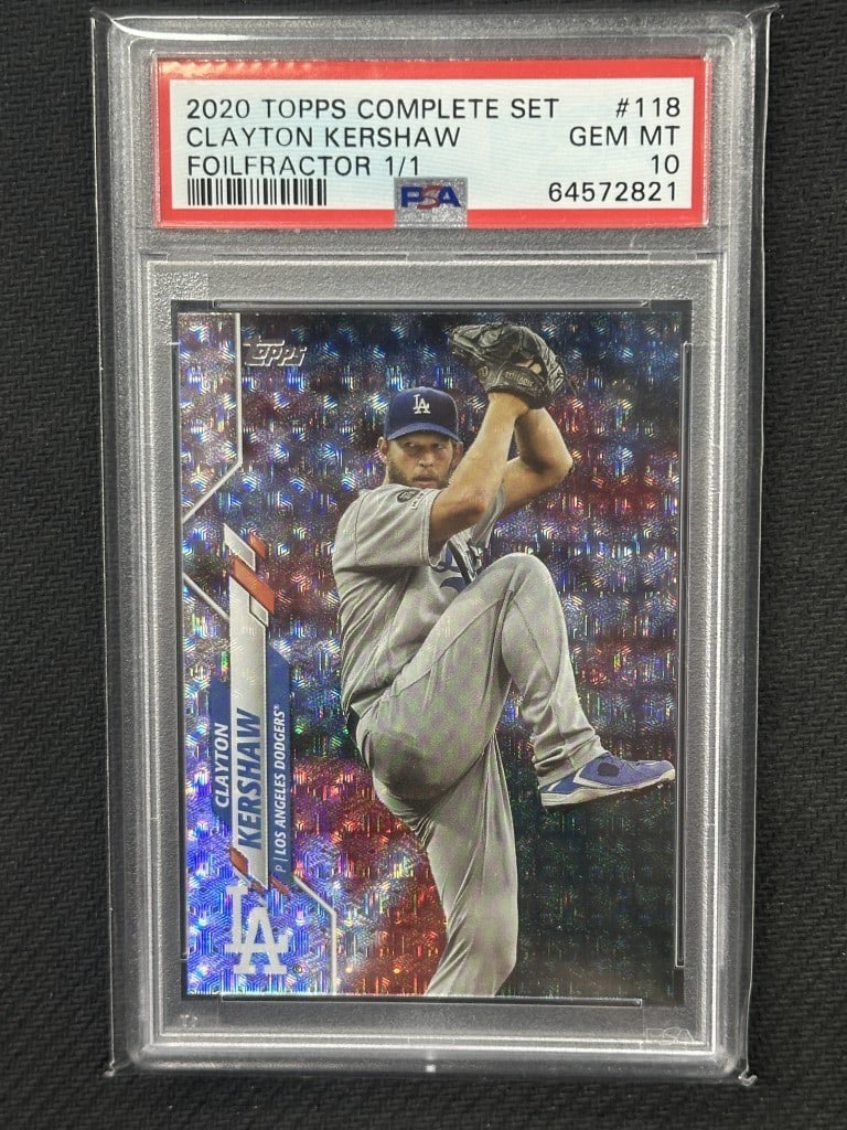 Clayton Kershaw 2020 Topps Foilfractor PSA 10 Dodgers Card #118: Clayton Kershaw 2020 Topps Foilfractor PSA 10 Dodgers Card #118 This is a 2020 Topps Complete Set Foilfractor baseball card featuring Clayton Kershaw, a star player for the Los Angeles Dodgers. The ca