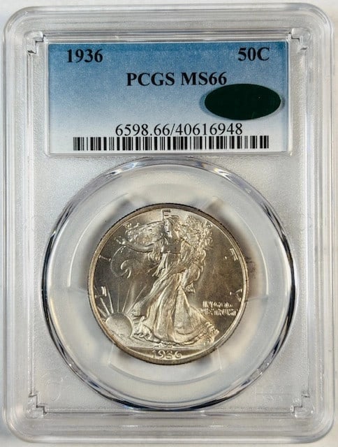 PCGS CAC MS66 1936 Philadelphia Walking Liberty Silver Half Dollar: PCGS CAC MS66 1936 Philadelphia Walking Liberty Silver Half Dollar This 1936 P Walking Liberty Half Dollar is certified by PCGS and CAC with a grade of MS 66, indicating it is in uncirculated conditio