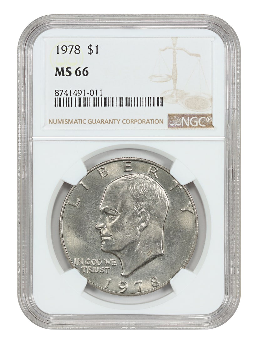NGC MS66 1978 Eisenhower One Dollar Coin Philadelphia Mint: NGC MS66 1978 Eisenhower One Dollar Coin Philadelphia Mint This 1978 Eisenhower Dollar is graded MS66 by NGC and is uncirculated. The coin was minted in Philadelphia and is part of the Ike Dollar seri