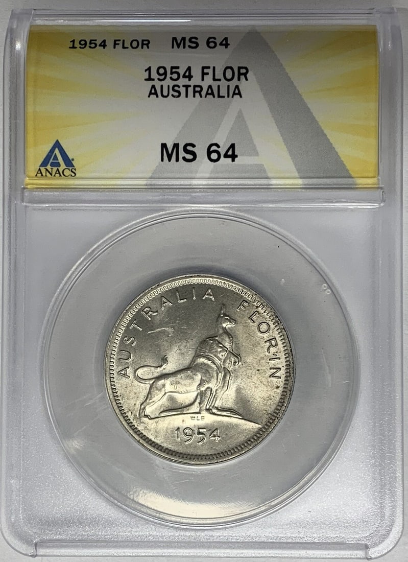 1952 Silver Florin from Australia Graded MS 64 by ANACS: 1952 Silver Florin from Australia Graded MS 64 by ANACS This 1952 Australia Florin is a pre-decimal silver coin graded MS 64 by ANACS. It represents Australian numismatic history and is certified for