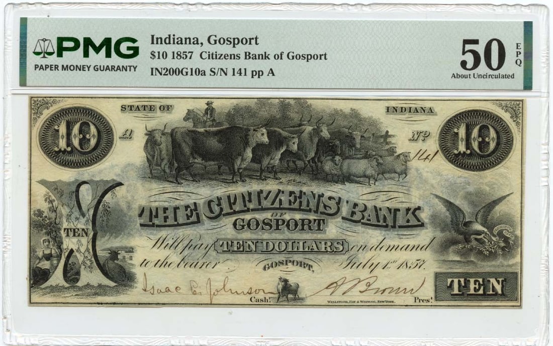 Citizens Bank of Gosport 1857 Indiana Ten Dollar Obsolete Currency PMG AU50: Citizens Bank of Gosport 1857 Indiana Ten Dollar Obsolete Currency PMG AU50 This is an 1857 $10 obsolete note issued by the Citizens Bank of Gosport, Indiana. The note has been certified by PMG with a
