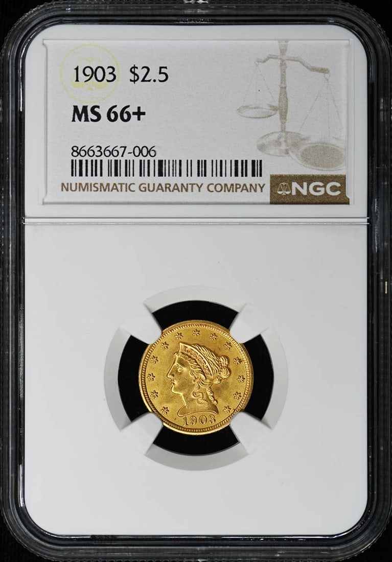 1903 Liberty Head $2.5 Gold Coin NGC MS66 Plus Uncirculated: 1903 Liberty Head $2.5 Gold Coin NGC MS66 Plus Uncirculated This is a 1903 Liberty Head Quarter Eagle $2.50 gold coin graded MS66+ by NGC. The coin is uncirculated and was minted in Philadelphia. It i