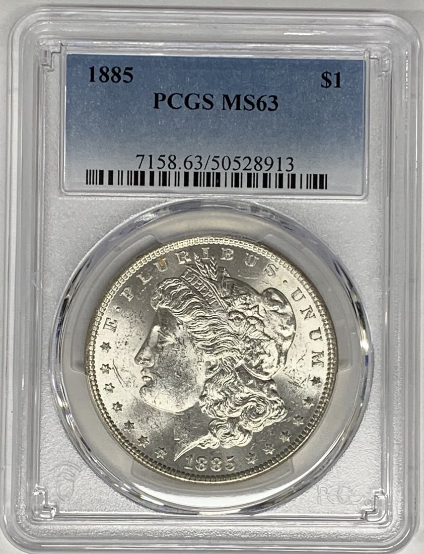 PCGS MS 63 1885 Morgan Dollar Silver Coin United States Certified: PCGS MS 63 1885 Morgan Dollar Silver Coin United States Certified This 1885 Morgan Silver Dollar is certified by PCGS with a grade of MS 63, indicating an uncirculated condition. It is composed of sil