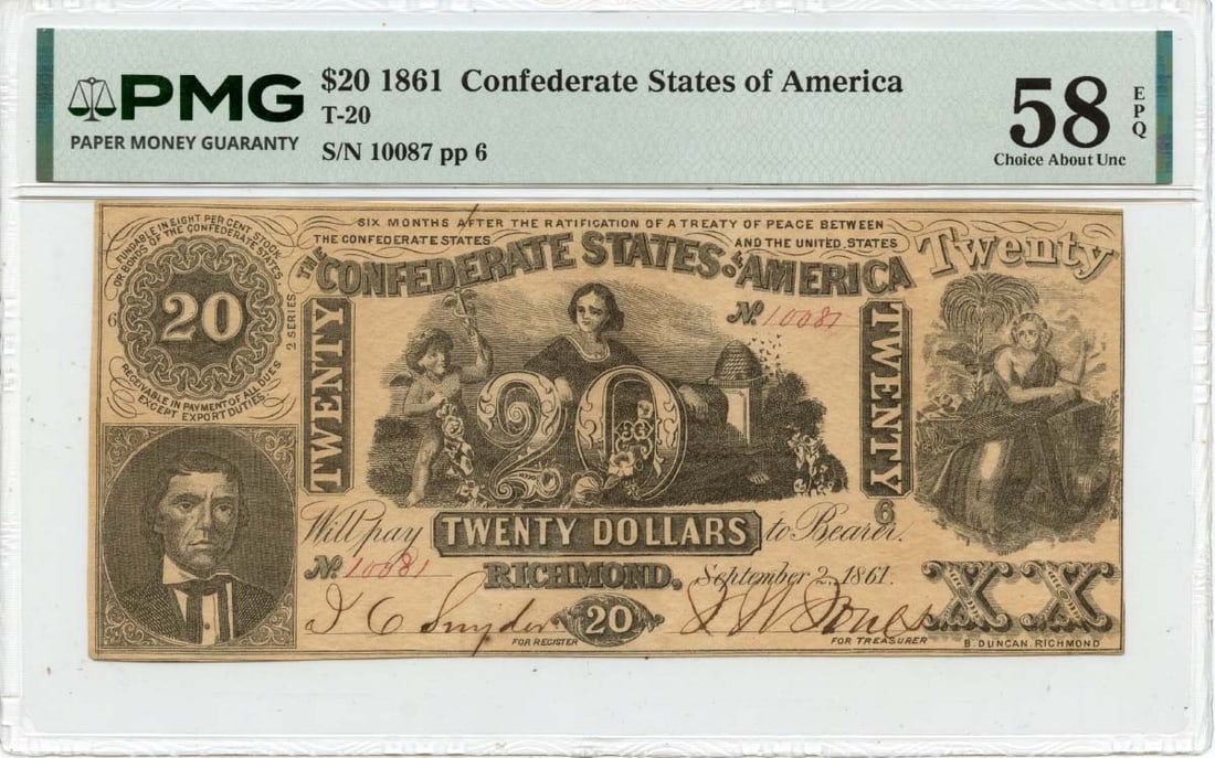 1861 Confederate States $20 Note PMG Graded AU58 EPQ: 1861 Confederate States $20 Note PMG Graded AU58 EPQ This is an 1861 $20 Confederate States of America T-20 note, graded AU58 by PMG. The note is circulated and has been certified with the number 1724