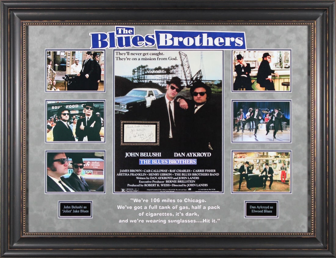 John Belushi Dan Aykroyd Signed Framed Blues Brothers Display BAS AE13266: John Belushi Dan Aykroyd Signed Framed Blues Brothers Display BAS AE13266 Celebrate the iconic duo of John Belushi and Dan Aykroyd with this stunning signed framed display featuring their autographs f