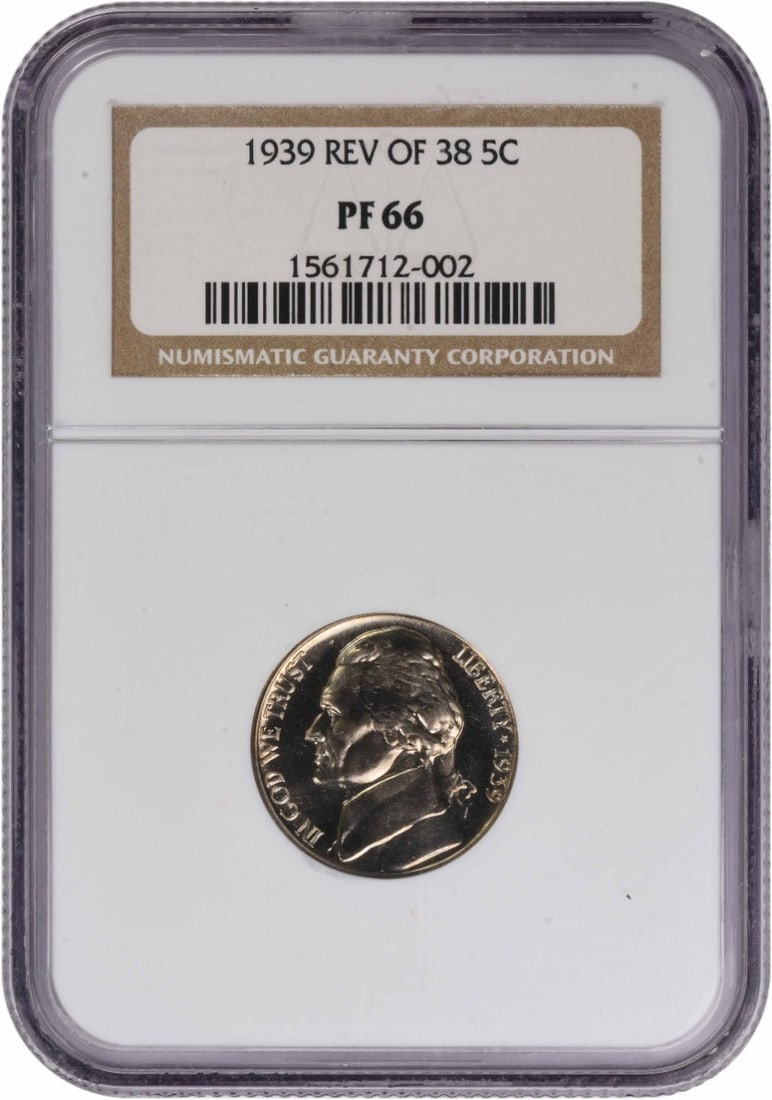 NGC PR66 Jefferson 5C 1939 Reverse of 1938 Proof Nickel Coin: NGC PR66 Jefferson 5C 1939 Reverse of 1938 Proof Nickel Coin This is a 1939 Jefferson Nickel featuring the Reverse of 1938, graded PR66 by NGC. The coin is uncirculated and struck as a proof, showcasi