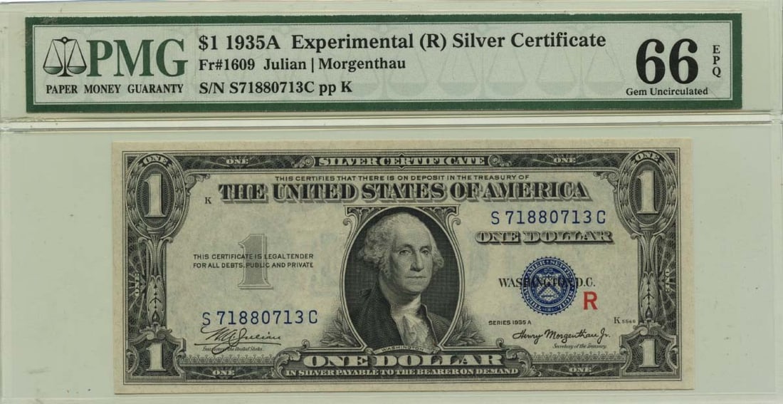 PMG Gem 66 EPQ 1935A Experimental R $1 Silver Certificate Fr 1609: PMG Gem 66 EPQ 1935A Experimental R $1 Silver Certificate Fr 1609 This 1935A $1 Experimental (R) Silver Certificate, cataloged as Fr# 1609, is certified by PMG with a grade of Gem 66 EPQ. The note is
