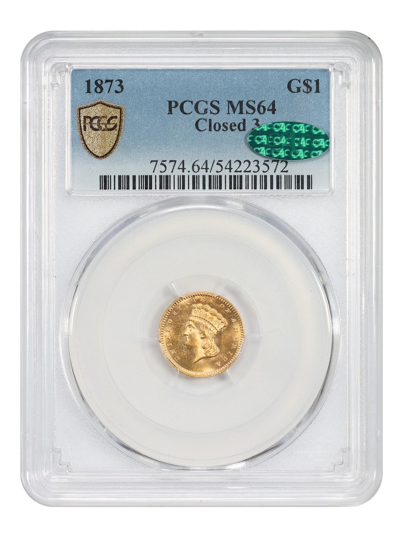 1873 Closed 3 Gold Dollar PCGS CAC MS64 Scarce Low Mintage Variety: 1873 Closed 3 Gold Dollar PCGS CAC MS64 Scarce Low Mintage Variety This 1873 Gold Dollar features the rare Closed 3 variety, struck at the Philadelphia Mint with a reported mintage of only 1,800 examp