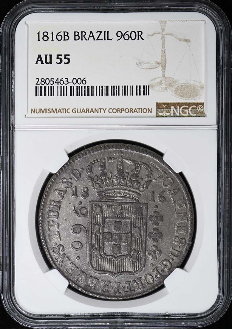 1816 Brazil 960 Reis Silver Coin NGC AU55 Certified: 1816 Brazil 960 Reis Silver Coin NGC AU55 Certified This is an 1816B Brazil 960 Reis coin, certified by NGC with a grade of AU55. The coin is circulated and in pre-owned condition, featuring historica