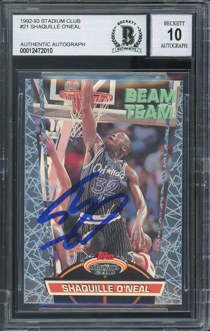 Shaquille O'Neal Signed 1992 Stadium Club Beam Team RC Gem Mint 10: Shaquille O'Neal Signed 1992 Stadium Club Beam Team RC Gem Mint 10 This is a 1992 Stadium Club Beam Team #21 Rookie Card featuring a stunning autograph by Shaquille O'Neal, a legendary player of the O