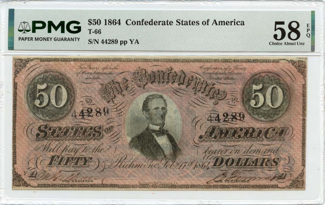 Confederate 1864 Fifty Dollar T-66 PMG AU58 EPQ Certified Note: Confederate 1864 Fifty Dollar T-66 PMG AU58 EPQ Certified Note This is an 1864 $50 Confederate States of America note, graded AU58 by PMG with Choice Color and Exceptional Paper Quality. The note is c