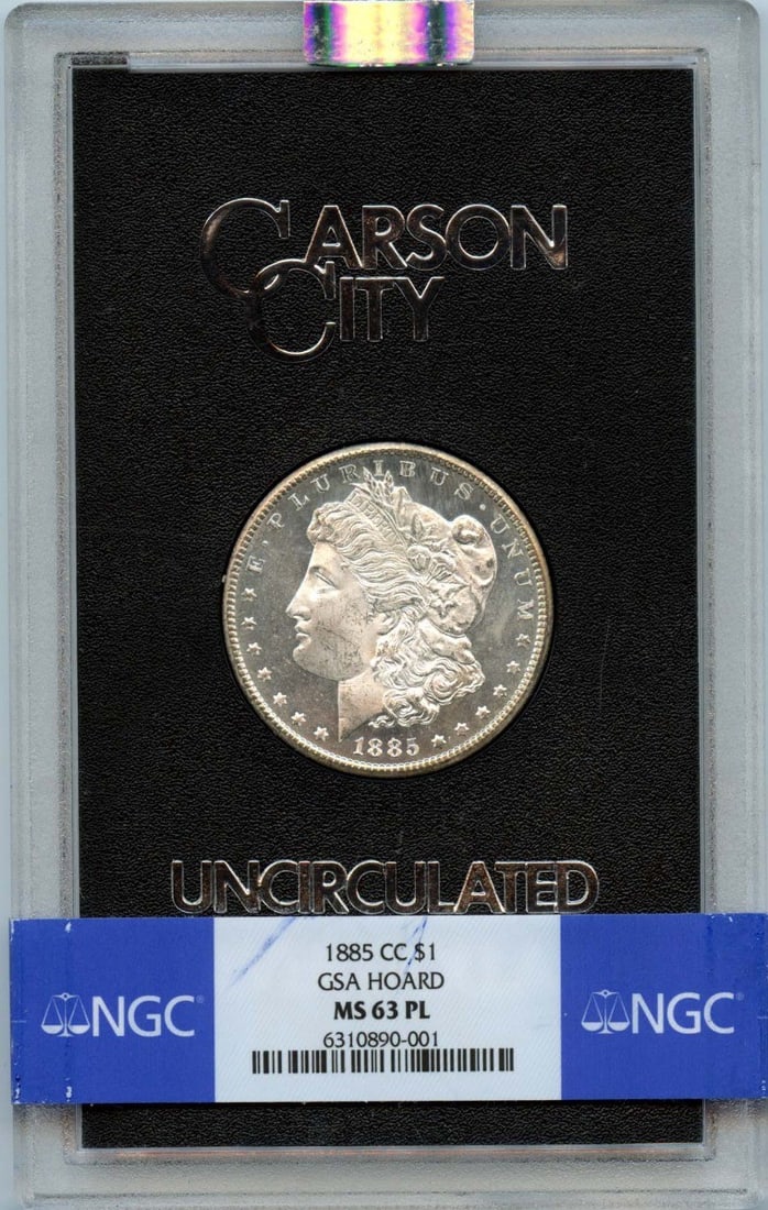 NGC MS63PL 1885 Carson City Morgan Silver Dollar GSA Hoard: NGC MS63PL 1885 Carson City Morgan Silver Dollar GSA Hoard This 1885-CC Morgan Dollar from the GSA Hoard is certified by NGC with a grade of MS63 Proof-Like. Struck at the Carson City Mint, this uncir