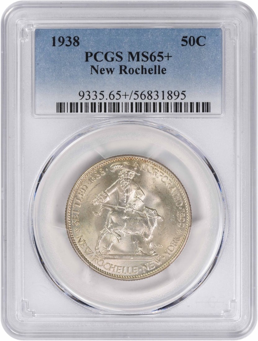 1938 New Rochelle Commemorative Silver Half Dollar MS65+ PCGS: 1938 New Rochelle Commemorative Silver Half Dollar MS65+ PCGS This 1938 New Rochelle Commemorative Silver Half Dollar is an exceptional piece certified by PCGS with a grade of MS65+. Minted in Philade