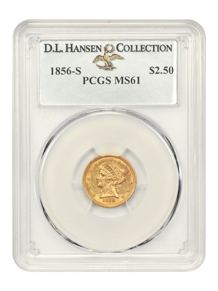 1856-S $2.50 Liberty Head Gold Coin PCGS MS61: 1856-S $2.50 Liberty Head Gold Coin PCGS MS61 This 1856-S $2.50 Liberty Head quarter eagle, certified by PCGS with a grade of MS61, showcases a lustrous surface and is a remarkable example of the scar