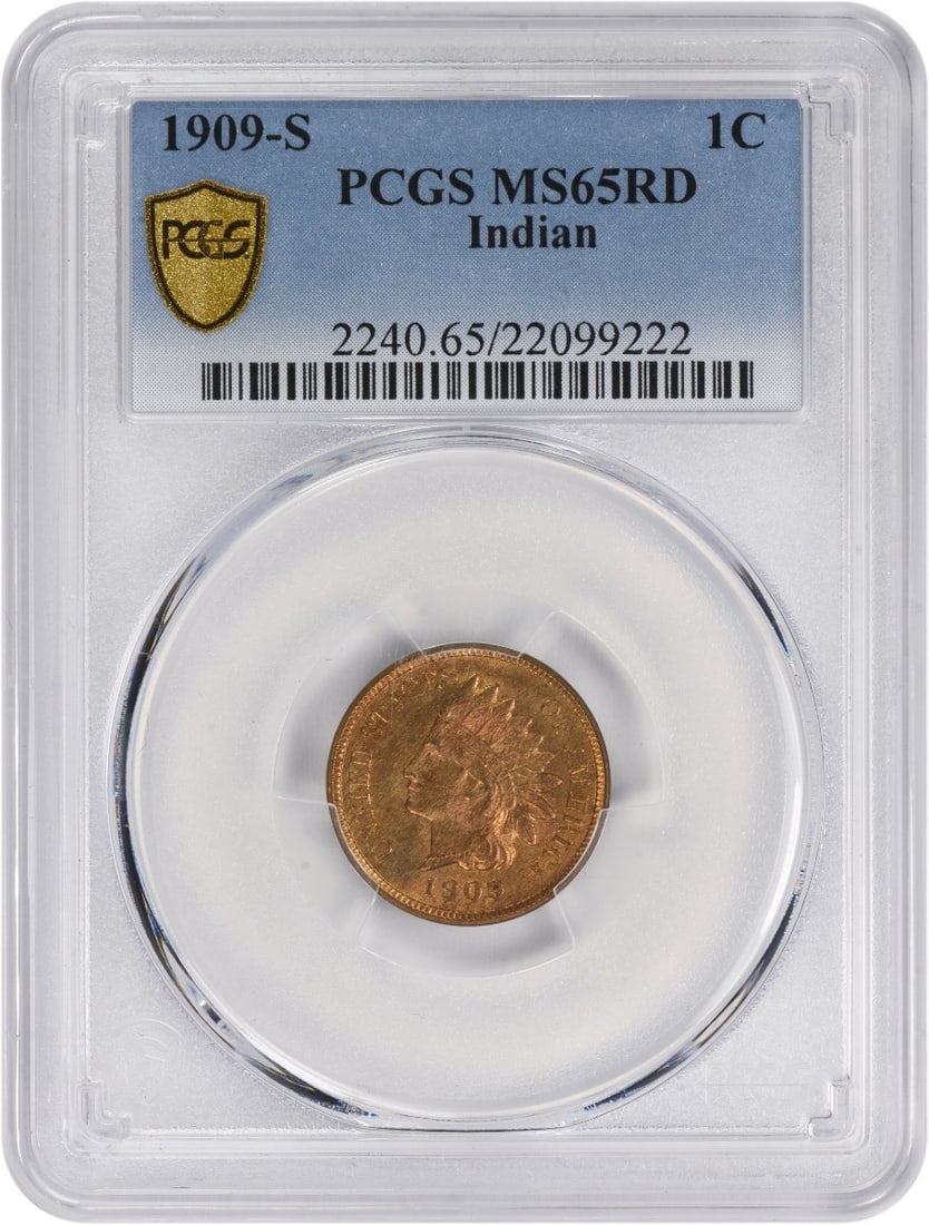 PCGS MS65 Red 1909 San Francisco Indian Head Cent: PCGS MS65 Red 1909 San Francisco Indian Head Cent This is a 1909-S Indian Head Cent graded MS65RD by PCGS. Struck at the San Francisco Mint, this uncirculated small cent features a composition of 95%