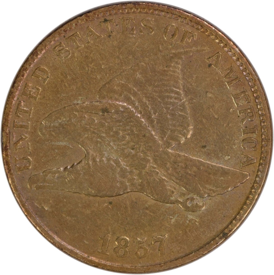 1857 Flying Eagle Small Cent Extra Fine Uncertified US Coin: 1857 Flying Eagle Small Cent Extra Fine Uncertified US Coin This 1857 Flying Eagle Cent is a circulated small cent coin from the United States, designed by James Barton Longacre and minted in Philadel