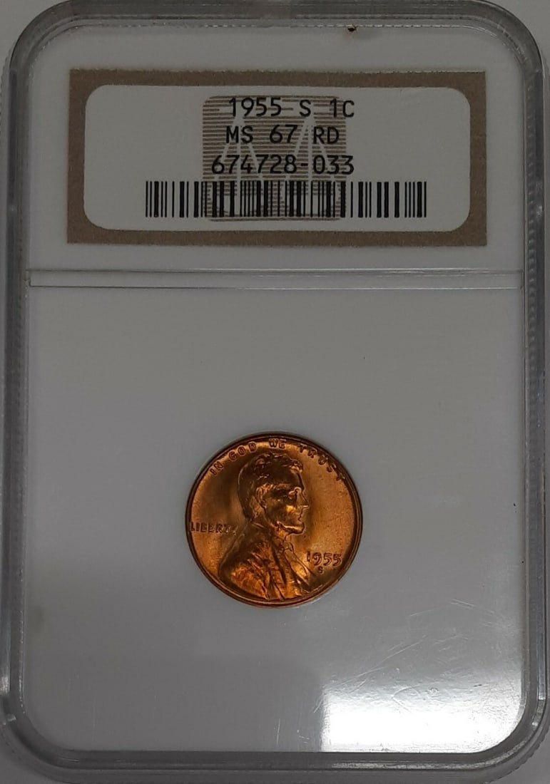 NGC MS 67 RD 1955 San Francisco Lincoln Wheat Cent Copper Coin: NGC MS 67 RD 1955 San Francisco Lincoln Wheat Cent Copper Coin This is a 1955-S Lincoln Wheat Cent graded MS-67 RD by NGC. Minted in San Francisco, this uncirculated small cent features a copper compo