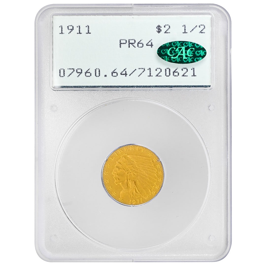 1911 $2.50 Gold Indian Proof PR64 CAC Certified by PCGS: 1911 $2.50 Gold Indian Proof PR64 CAC Certified by PCGS This 1911 $2.50 Indian coin is a rare proof strike minted in Philadelphia. Composed of gold, it is certified by PCGS with a grade of PR64 and ca