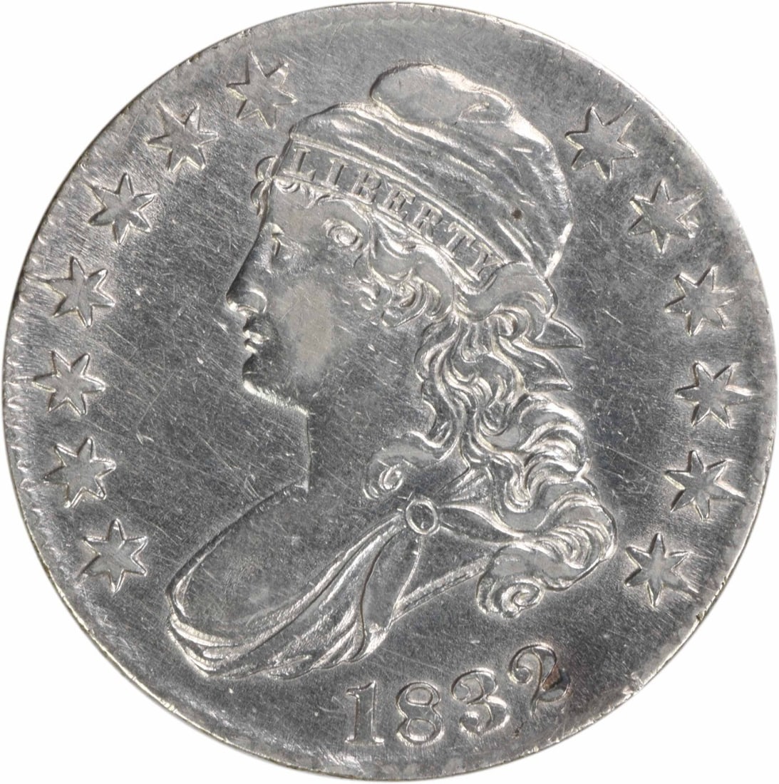 1832 Silver Capped Bust Half Dollar Large Letters EF Philadelphia Uncertified: 1832 Silver Capped Bust Half Dollar Large Letters EF Philadelphia Uncertified This 1832 Bust Half Dollar features large letters and is composed of 89.2% silver and 10.8% copper. Minted in Philadelphia
