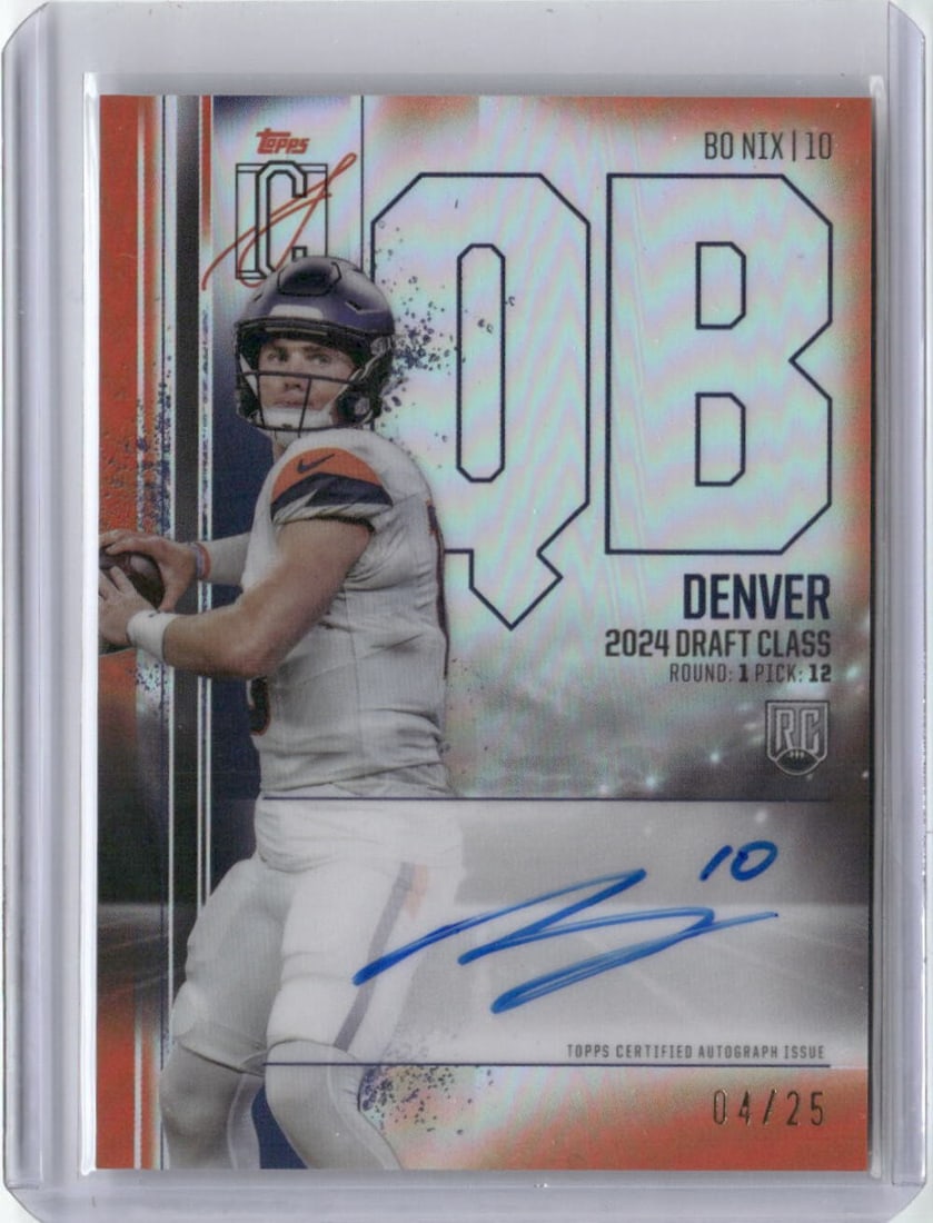 2024 Topps Bo Nix Orange Rookie Card #RCVBN /25 Autographed NFL: 2024 Topps Bo Nix Orange Rookie Card #RCVBN /25 Autographed NFL This is a 2024 Topps Signature Class Orange Bo Nix #RCVBN, a limited edition autographed rookie card numbered /25. The card features Bo