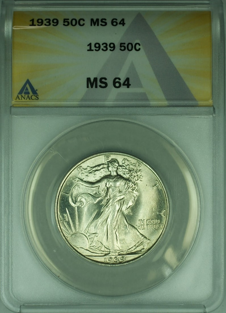 ANACS MS-64 1939 Liberty Walking Silver Half Dollar 50 Cent Coin: ANACS MS-64 1939 Liberty Walking Silver Half Dollar 50 Cent Coin This 1939 Walking Liberty Silver Half Dollar features the iconic Liberty Walking design and has been certified by ANACS with a grade of