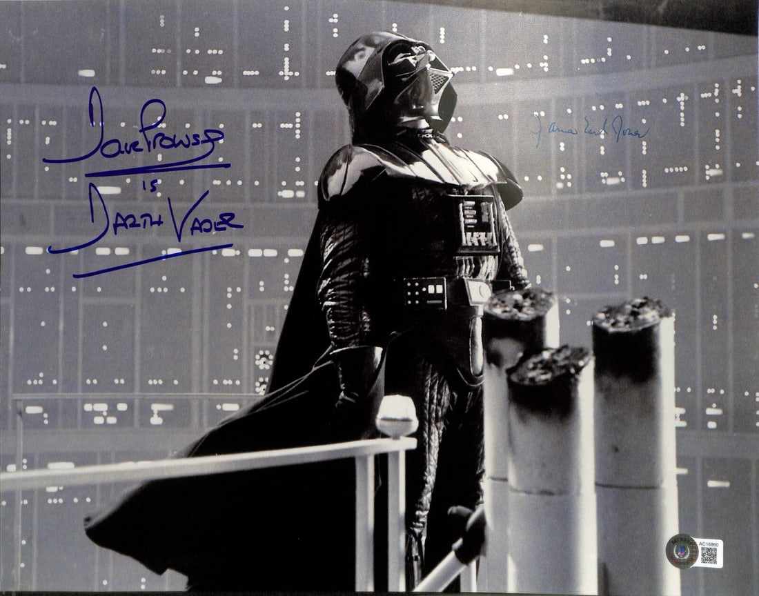11x14 Darth Vader Photo Signed by David Prowse and James Earl Jones Beckett 10: 11x14 Darth Vader Photo Signed by David Prowse and James Earl Jones Beckett 10 This is an original 11x14-inch black and white photograph signed by David Prowse and James Earl Jones, both associated wi