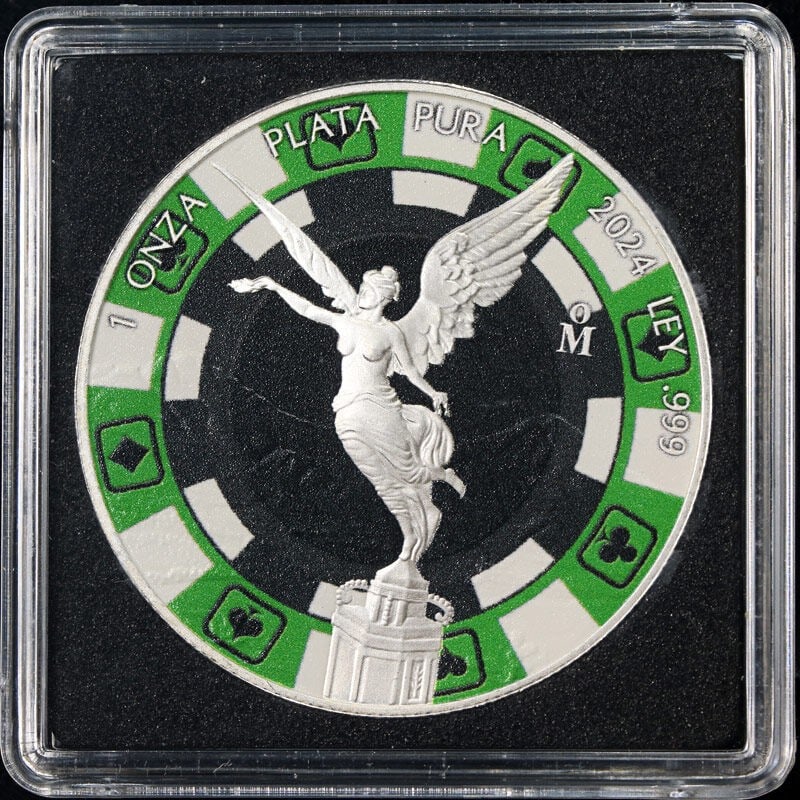 Green Poker Chip Edition 2024 Silver Libertad 1 oz Coin in OGP: Green Poker Chip Edition 2024 Silver Libertad 1 oz Coin in OGP This is a 2024 Mexico 1 Ounce Silver Libertad Green Poker Chip Edition coin. Struck in 99.9% fine silver, this uncirculated coin is prese