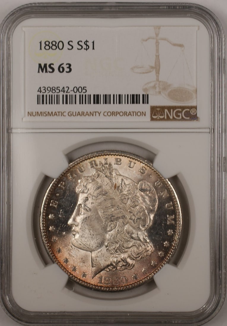 NGC MS-63 1880-S Morgan Dollar Silver Coin San Francisco Toned: NGC MS-63 1880-S Morgan Dollar Silver Coin San Francisco Toned This 1880-S Morgan Silver Dollar coin is certified by NGC and graded MS-63. Minted in San Francisco, the coin features a $1 denomination