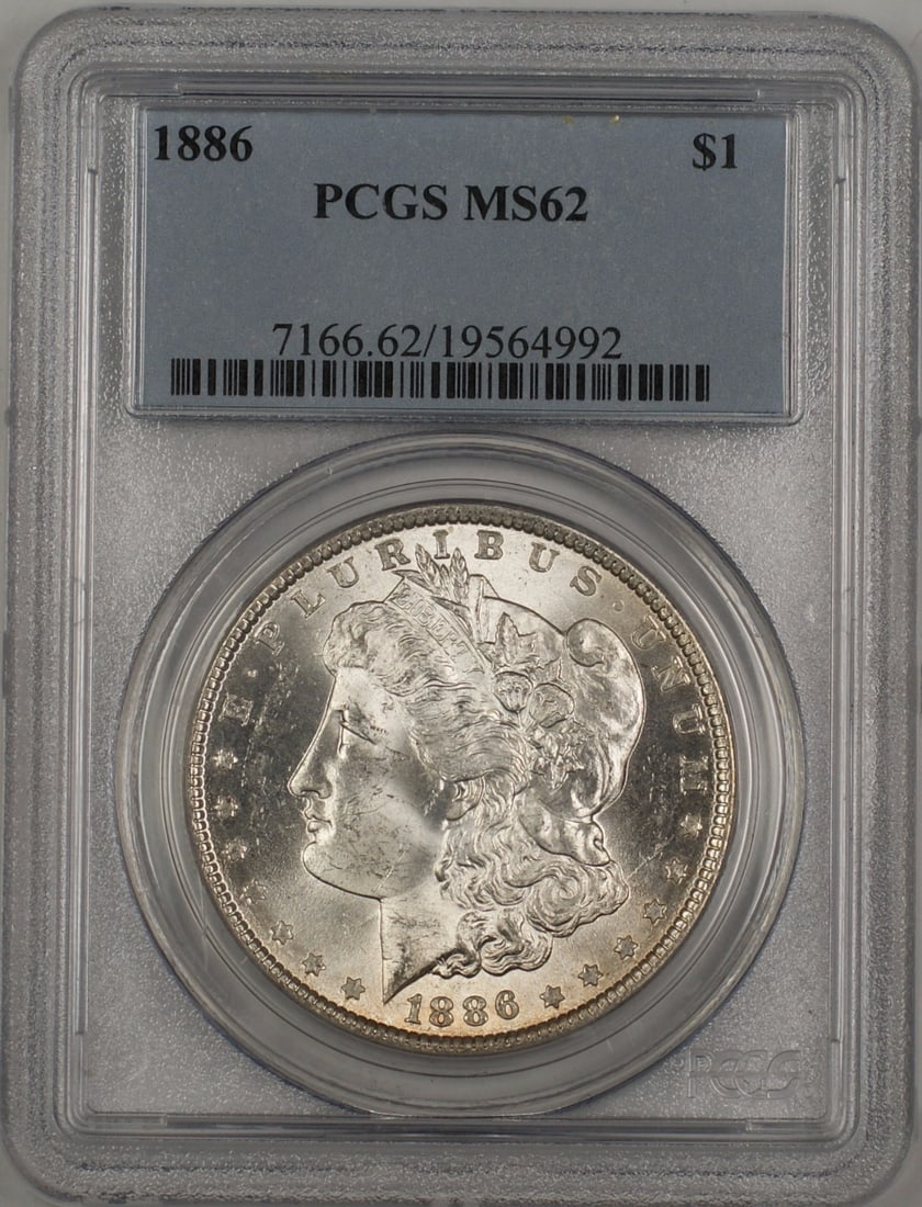 1886 Philadelphia Morgan Dollar PCGS MS62 Silver Uncirculated Coin: 1886 Philadelphia Morgan Dollar PCGS MS62 Silver Uncirculated Coin This 1886 Morgan Silver Dollar features the iconic design and is certified by PCGS with a grade of MS 62. Struck in Philadelphia, thi