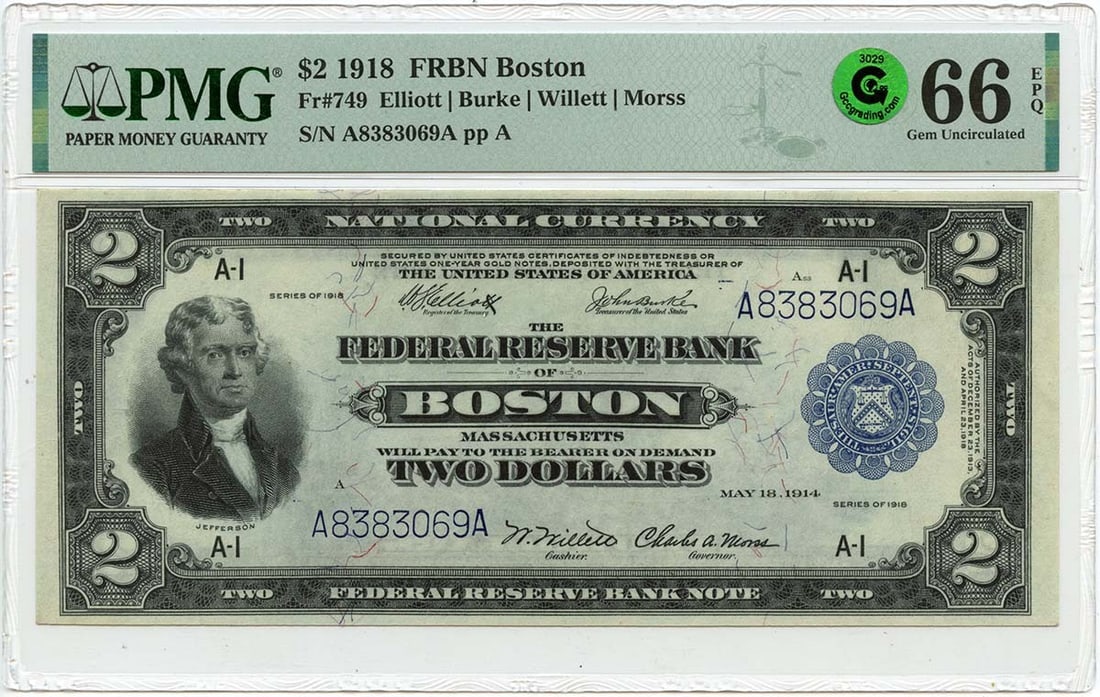PMG GEM 66 EPQ 1918 $2 Battleship Federal Reserve Bank Note FR749 (1 of 2)