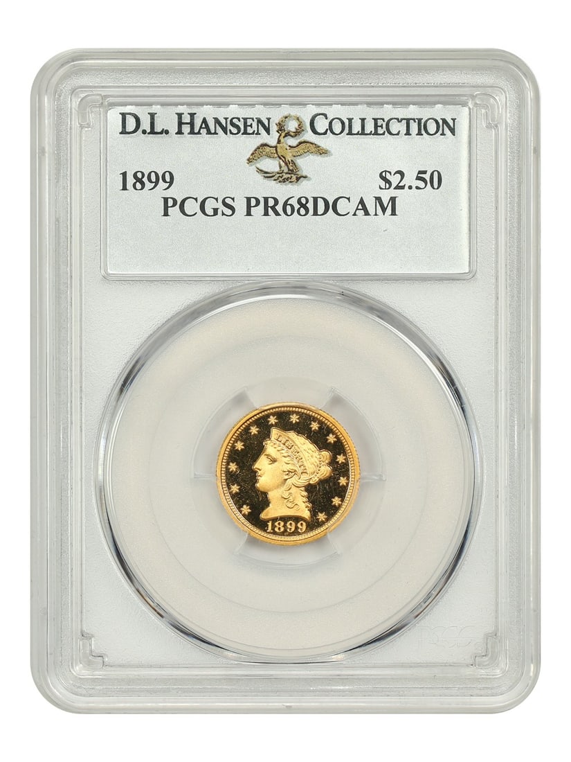 1899 Liberty Head Gold $2.50 PCGS PR68DCAM D.L. Hansen Collection: 1899 Liberty Head Gold $2.50 PCGS PR68DCAM D.L. Hansen Collection This stunning 1899 $2.50 Liberty Head coin is graded PCGS PR68DCAM, making it a remarkable addition for any collector. With its pristi