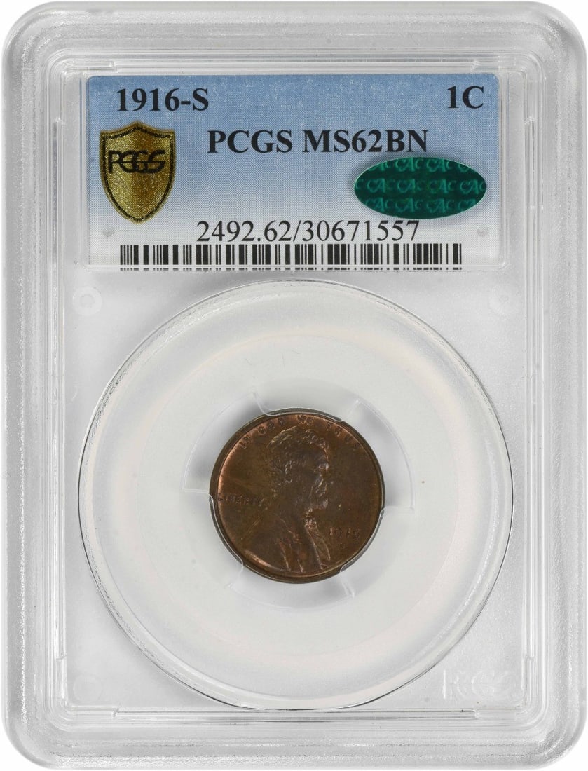 PCGS CAC Certified 1916-S Lincoln Wheat Cent MS62 Brown: PCGS CAC Certified 1916-S Lincoln Wheat Cent MS62 Brown This 1916-S Lincoln Wheat Cent is certified by PCGS with a grade of MS62BN and features the CAC designation. Struck in copper, this uncirculated