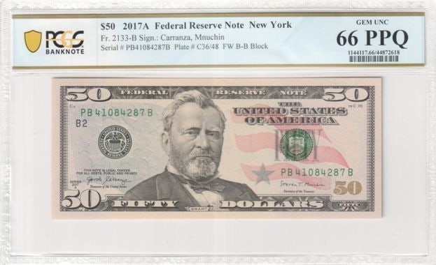 2017A $50 New York Federal Reserve Note PCGS MS66 GEM PPQ: 2017A $50 New York Federal Reserve Note PCGS MS66 GEM PPQ This 2017A $50 Federal Reserve Note from New York is graded GEM 66 PPQ by PCGS Banknote, indicating a high level of quality. The note is uncir