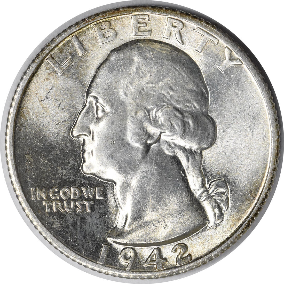 1942-S Washington Silver Quarter 25C Choice BU Uncertified Coin: 1942-S Washington Silver Quarter 25C Choice BU Uncertified Coin This 1942-S Washington Silver Quarter is an uncirculated coin featuring a beautiful Choice BU+ grade. It showcases the distinguished des