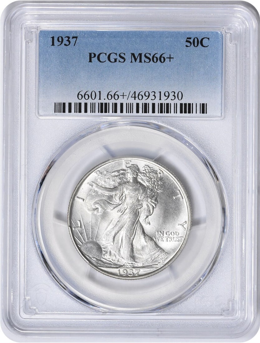 1937 Walking Liberty Silver Half Dollar MS66+ PCGS Uncirculated: 1937 Walking Liberty Silver Half Dollar MS66+ PCGS Uncirculated This 1937 Walking Liberty Silver Half Dollar is a stunning collectible piece, graded MS66+ by PCGS. With an uncirculated condition, this