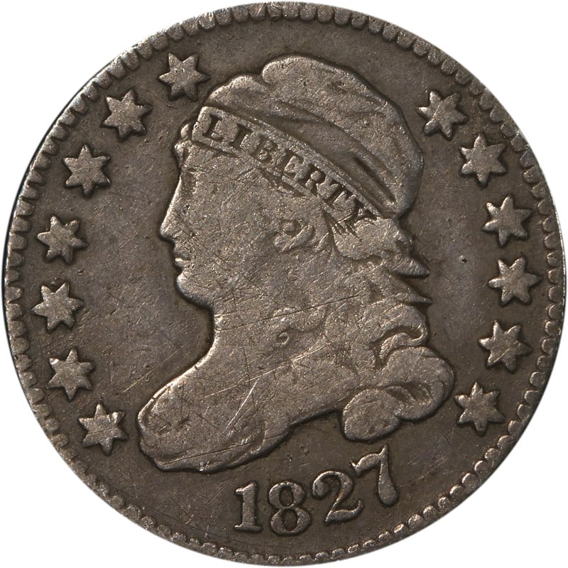 1827 United States Silver Bust Dime Circulated Coin: 1827 United States Silver Bust Dime Circulated Coin This is an 1827 Bust Dime from the United States, composed of silver. The coin is circulated and uncertified, and is in pre-owned condition. Specifi