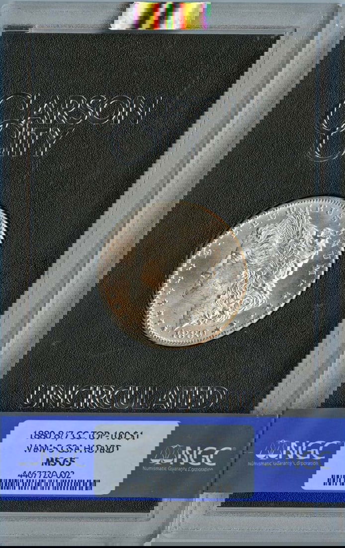 NGC MS65 1880 8 Over 7 CC GSA Morgan Dollar VAM-5 Top 100: NGC MS65 1880 8 Over 7 CC GSA Morgan Dollar VAM-5 Top 100 This is an 1880 8/7-CC Top-100 Morgan Dollar VAM-5 from the GSA Hoard, certified by NGC with a grade of MS65. This uncirculated silver dollar