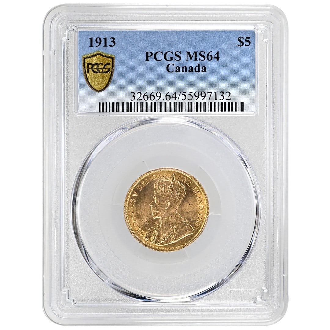 Canada 1913 $5 Gold Coin PCGS MS64 George V Certified: Canada 1913 $5 Gold Coin PCGS MS64 George V Certified This 1913 Canada $5 gold coin features King George V and is graded MS64 by PCGS. The coin is uncirculated and considered rare, making it a valuabl