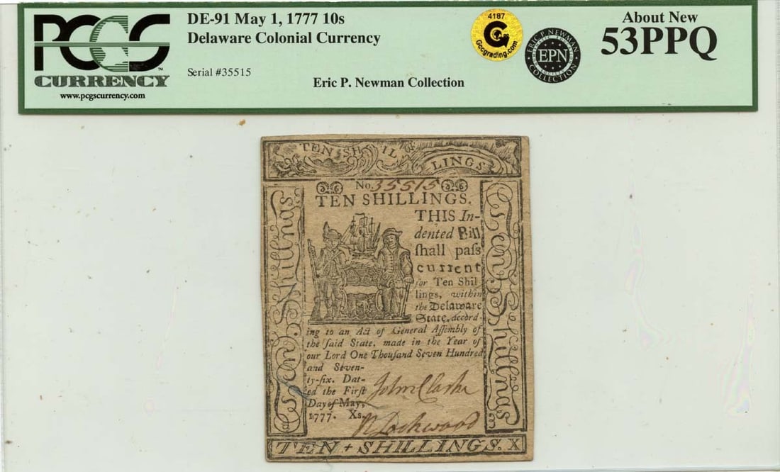 1777 Delaware 10 Shillings Colonial Note PCGS AU53 PPQ: 1777 Delaware 10 Shillings Colonial Note PCGS AU53 PPQ This historical 1777 May 1, 10 Shillings Delaware Colonial Note is graded AU53 by PCGS Currency, ensuring its quality and authenticity. As a piec