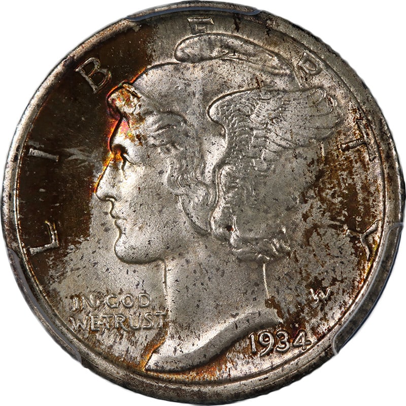 1934-P Mercury Dime PCGS MS67 FB Silver Coin Strong Strike: 1934-P Mercury Dime PCGS MS67 FB Silver Coin Strong Strike This stunning 1934-P Mercury Dime showcases remarkable eye appeal with its radiant luster and strong strike. It features slightly mottled ton