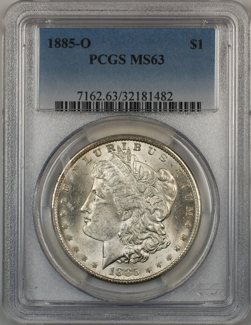 PCGS MS-63 Graded 1885-O Morgan Silver Dollar New Orleans Mint: PCGS MS-63 Graded 1885-O Morgan Silver Dollar New Orleans Mint This 1885-O Morgan Silver Dollar $1 coin is certified by PCGS with a grade of MS-63, indicating an un-used condition. Minted in New Orlea