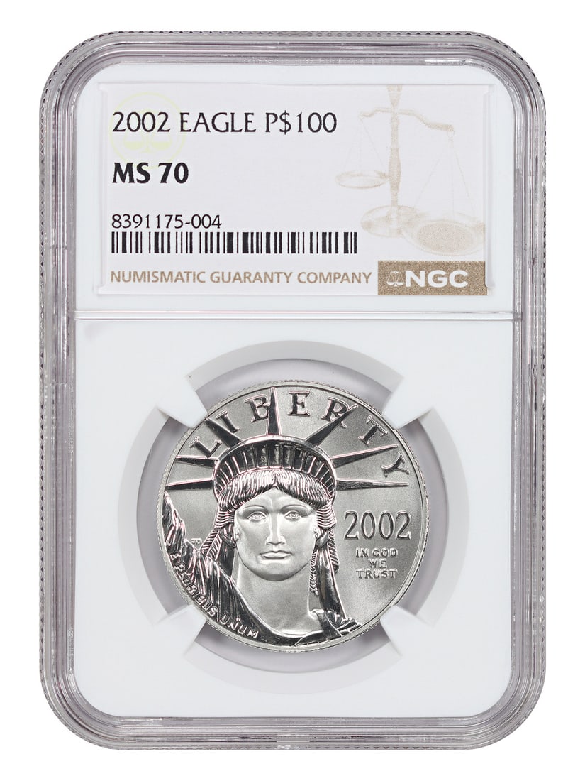 2002 NGC MS70 $100 Platinum Eagle Coin Statue of Liberty: 2002 NGC MS70 $100 Platinum Eagle Coin Statue of Liberty This is a 2002 $100 Platinum Eagle coin featuring the Statue of Liberty, certified by NGC with a grade of MS70. The coin is uncirculated and wa