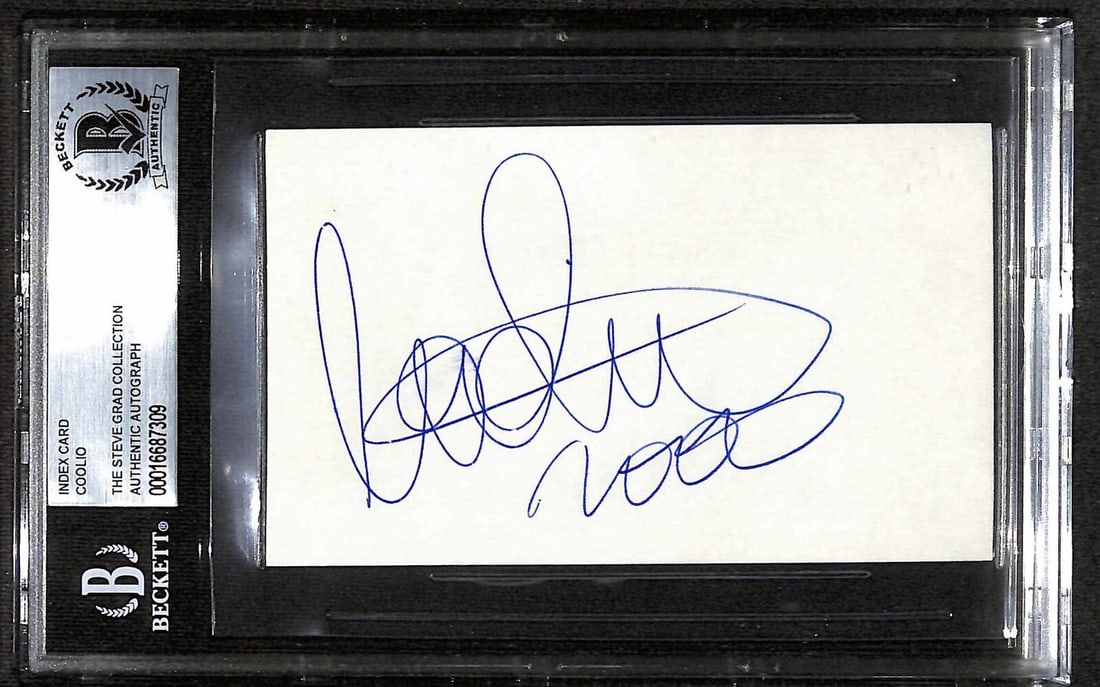 Coolio Autographed 3x5 Index Card Beckett Authenticated Slabbed: Coolio Autographed 3x5 Index Card Beckett Authenticated Slabbed This is an original 3x5 index card autographed by rapper Coolio in blue permanent marker. The signature was obtained in person in Hollyw
