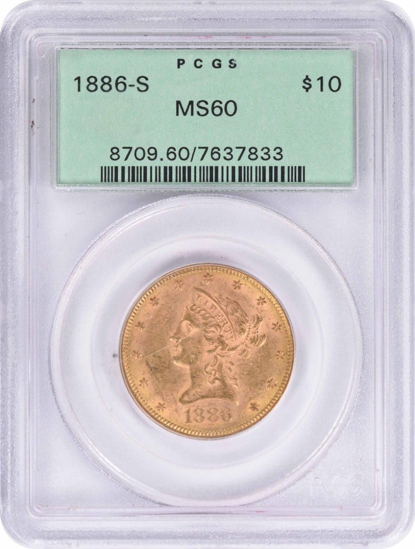 1886-S $10 Gold Liberty Head Coin MS60 PCGS Uncirculated: 1886-S $10 Gold Liberty Head Coin MS60 PCGS Uncirculated This 1886-S $10 Gold Liberty Head coin is a remarkable piece of history, certified by PCGS with a grade of MS60. Struck in San Francisco, it fe