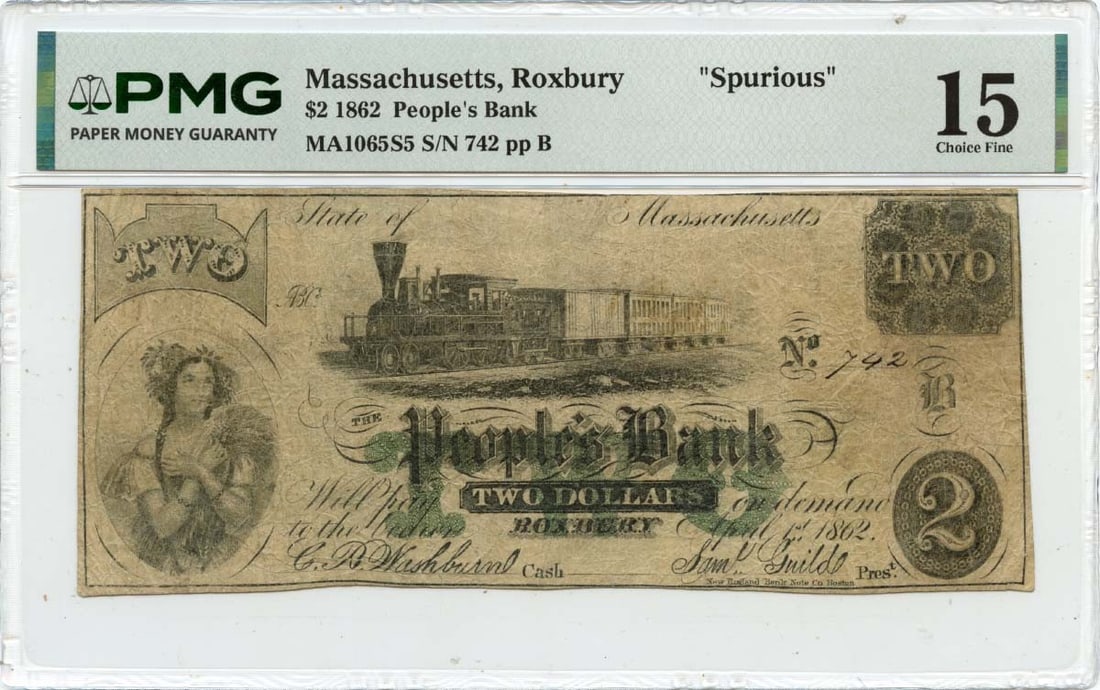 People's Bank Roxbury 1862 Two Dollar Spurious Obsolete Note PMG F15: People's Bank Roxbury 1862 Two Dollar Spurious Obsolete Note PMG F15 This is an 1862 $2 obsolete note from People's Bank in Roxbury, Massachusetts. The note has been certified by PMG with a grade of F