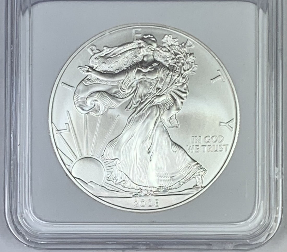 2008 Silver Eagle Dollar Coin First Day Issue in Protective Holder: 2008 Silver Eagle Dollar Coin First Day Issue in Protective Holder This 2008 American Silver $1 Eagle coin is composed of silver and comes in a hard plastic holder. It is marked as a first day of issu