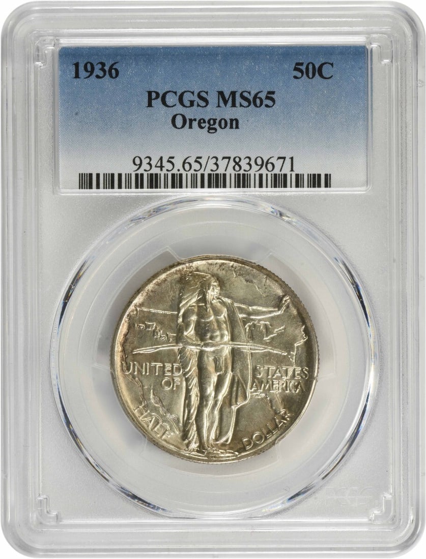 1936 Oregon Commemorative Silver Half Dollar MS65 PCGS Uncirculated: 1936 Oregon Commemorative Silver Half Dollar MS65 PCGS Uncirculated This stunning Oregon Commemorative Silver Half Dollar from 1936, graded MS65 by PCGS, is a remarkable piece for any coin collector.