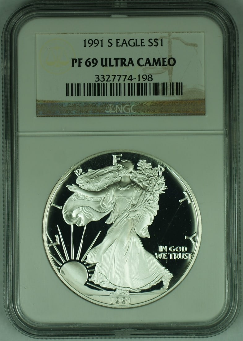 1991-S Silver Eagle Dollar Proof NGC PR 69 Ultra Cameo Certified: 1991-S Silver Eagle Dollar Proof NGC PR 69 Ultra Cameo Certified This 1991-S American Proof Silver Eagle is a $1 coin, graded PF 69 Ultra Cameo by NGC. It features a proof strike and commemorative des